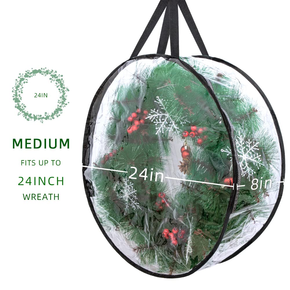 2-Pack Christmas Wreath Storage Container 24'', Clear Wreath Storage Bags with Dual Zippers for Xmas Seasonal Thanksgiving Holiday Artificial Wreath Storage foci cozi