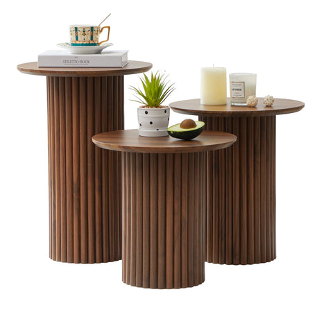 Bifins Round Nesting Coffee Table Set of 3,Mid Century Modern Fluted Coffee and End Table Set,Small Circle Wooden Side Table Drink Table for Living Room (Walnut) Bifins
