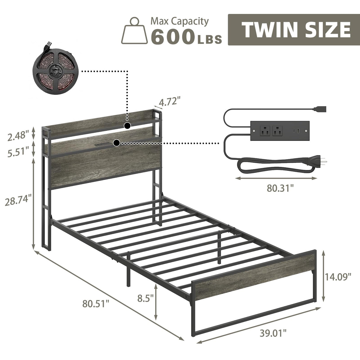 Elephance Twin Bed Frames with Charging Station and LED Lights, Metal Bed Frame with 2-Tier Storage Headboard, No Box Spring Needed, Noise Free, Easy Assembly Elephance