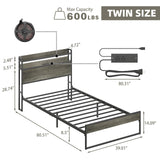Elephance Twin Bed Frames with Charging Station and LED Lights, Metal Bed Frame with 2-Tier Storage Headboard, No Box Spring Needed, Noise Free, Easy Assembly Elephance