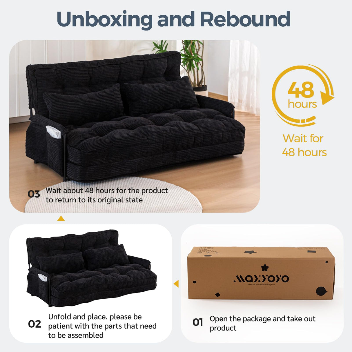 MAXYOYO Adjustable Floor Sofa Couch with 2 Pillows, Multi-Functional Bean Bag Bed, 5-Position Foldable Lazy Sofa Sleeper Bed with Armrest, Versatile Floor Seating for Reading, Black, Double MAXYOYO