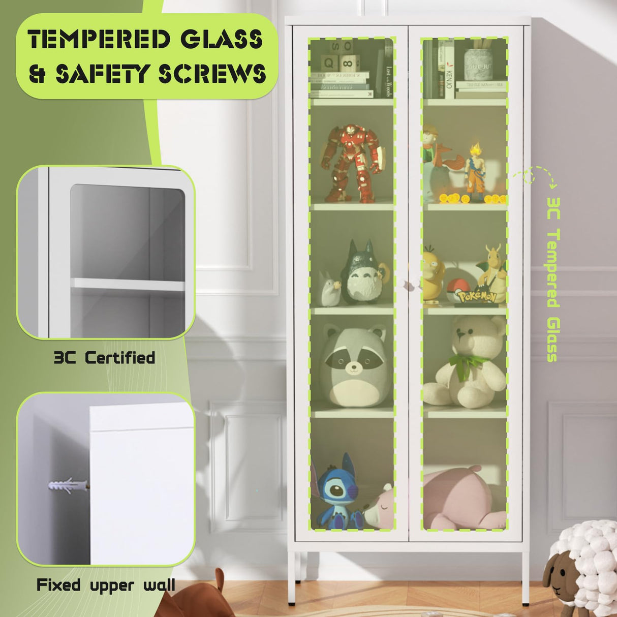 Oakcloud 67" Metal Glass Display Cabinet, Storage Cabinet for Collectibles, Curio, China, Books, Display Case with Glass Doors and 4 Adjustable Shelves for Home Office, Living Room, Pantry (White) Oakcloud