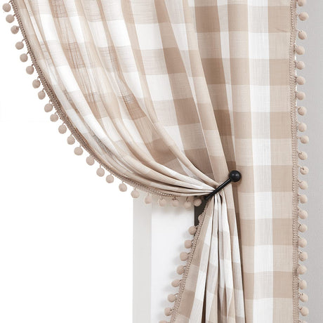 Treatmentex Pompom Buffalo Plaid Curtains 45" Kitchen Curtains Rustic Farmhouse Tan and White Check Curtain Panels for Small Windows Basement Bathroom Rod Pocket 2pcs Treatmentex