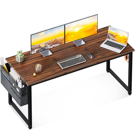 ODK Computer Writing Desk 55 inch, Sturdy Home Office Table, Work Desk with A Storage Bag and Headphone Hook, Deep Brown ODK