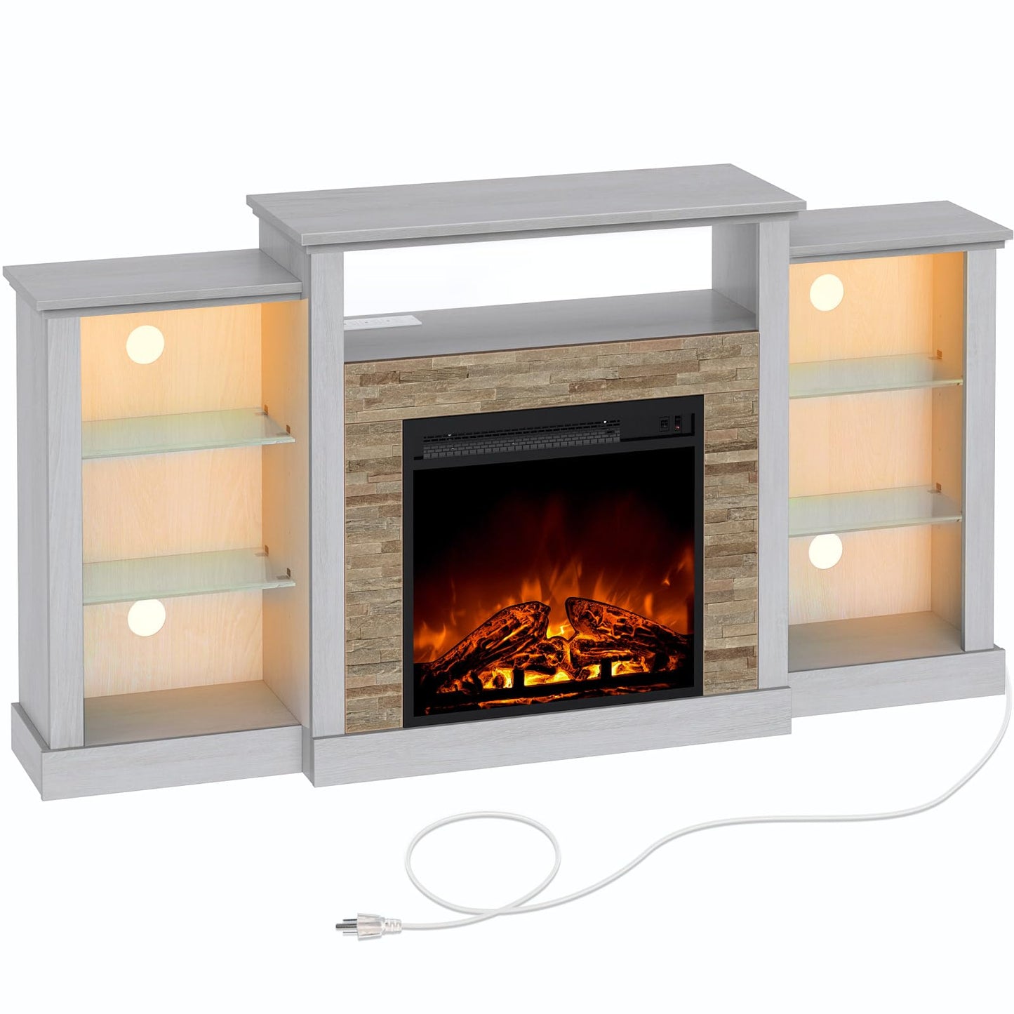 Rolanstar Fireplace TV Stand with LED Lights and Power Outlets, TV Console for 32" 43" 50" 55" 65", Entertainment Center with Adjustable Glass Shelves, Ivory White