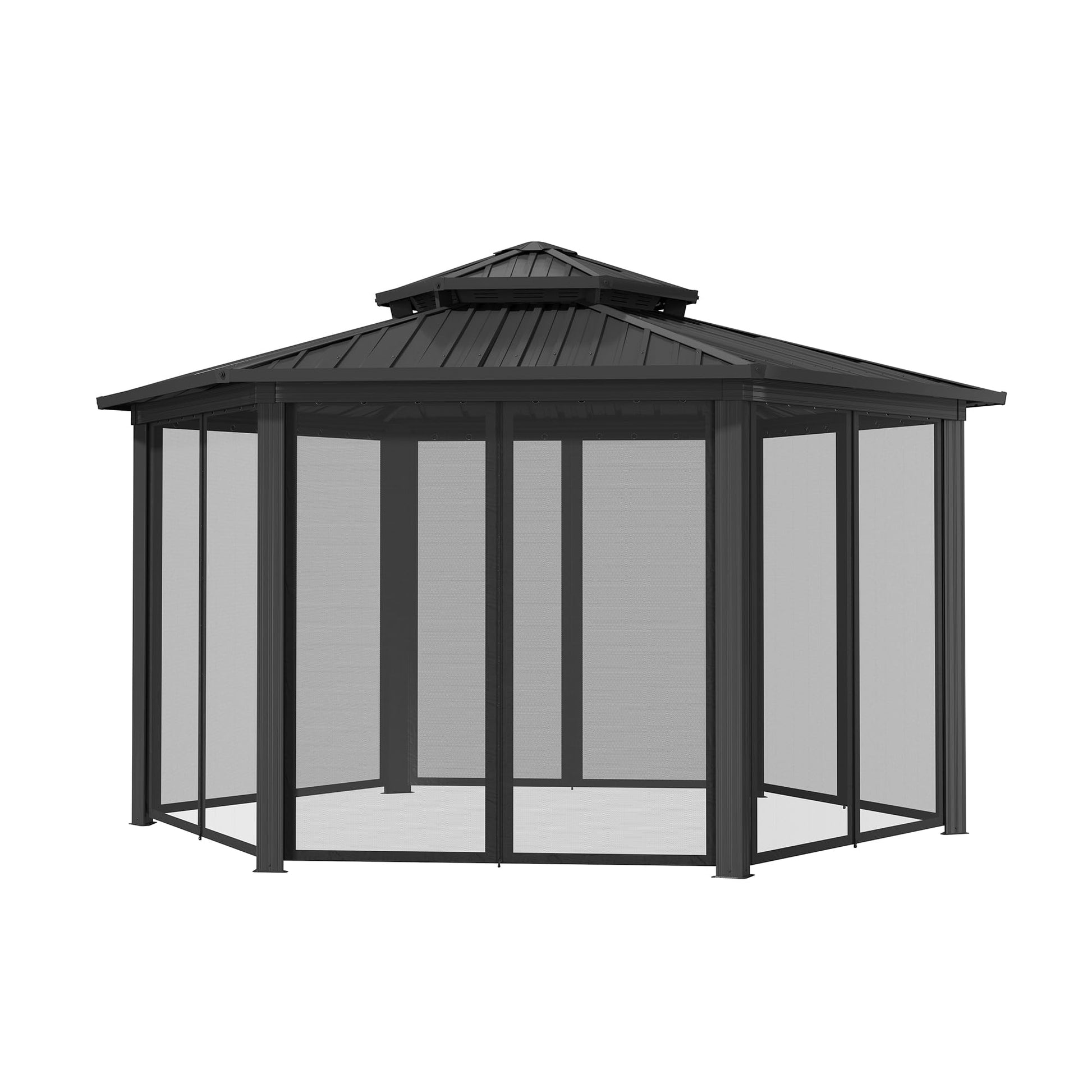 15x15Ft Hexagon Hardtop Gazebo Heavy Duty Aluminum Frame Patio Gazebo Double Roof Outdoor Pavilion with Nettings & Ceiling Hook for Patio Backyard Deck Lawns - WoodArtSupply