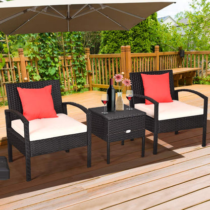 COSTWAY Rattan Patio Furniture Set 3 Pieces, Wicker Conversation Set with Tempered Glass Coffee Table, Seat Cushions, Outdoor Chair Wicker Sofa for Backyard Balcony Porch Poolside, White