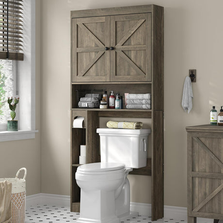 furomate 32.3''W Over The Toilet Storage Cabinet with Barn Doors, Over Toilet Shelf Farmhouse Storage Cabinet Space Saver with Toilet Paper Holder & Adjustable Bottom Bar, Gray Furnideco