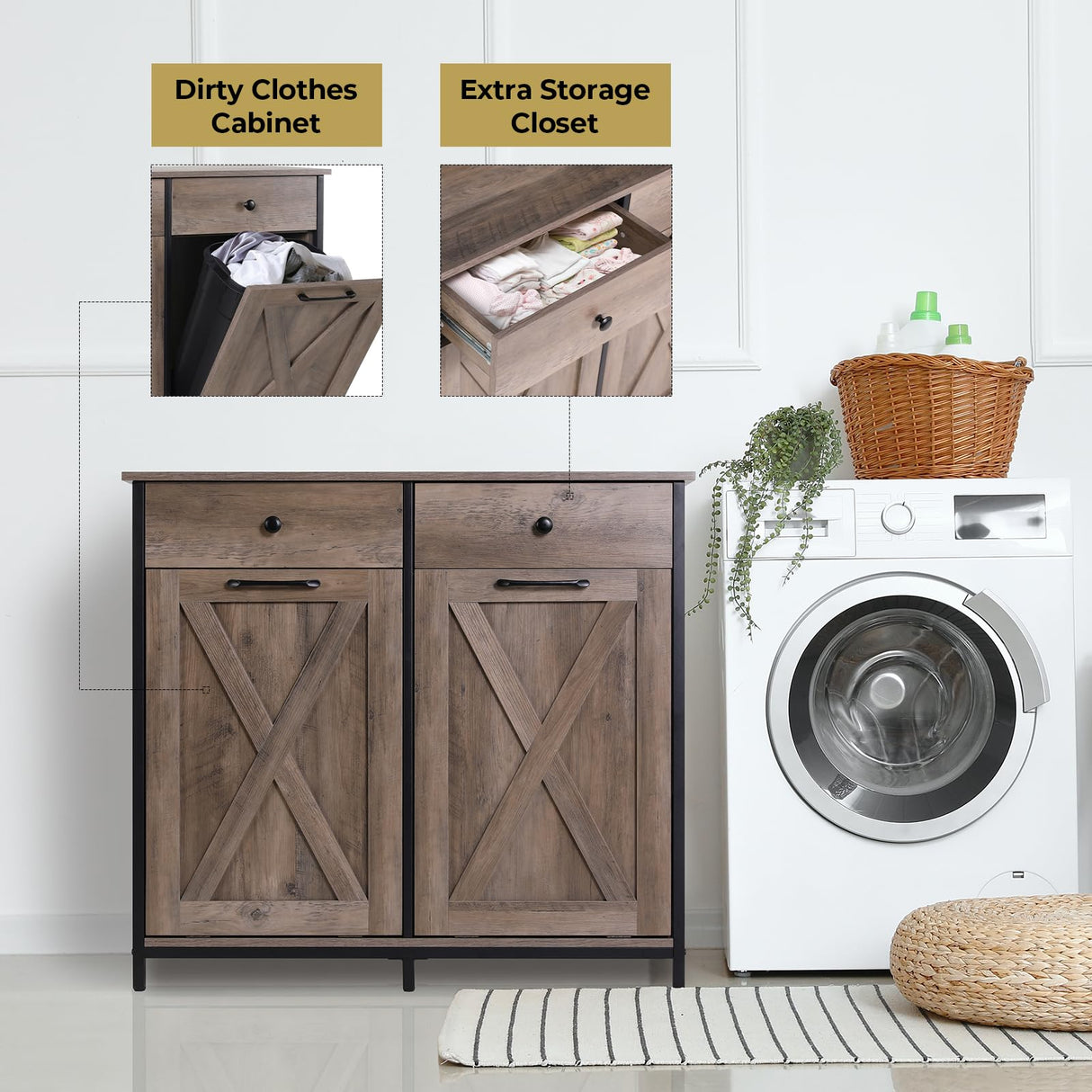 Arlopu Double Tilt Out Trash Cabinet, 20 Gallon Pet Proof Kitchen Pull Out Recycle Cabinet, Freestanding Wooden Laundry Sorter Cabinet, W/Drawer, Barn Door, for Home, Living Room, (Greige) Arlopu