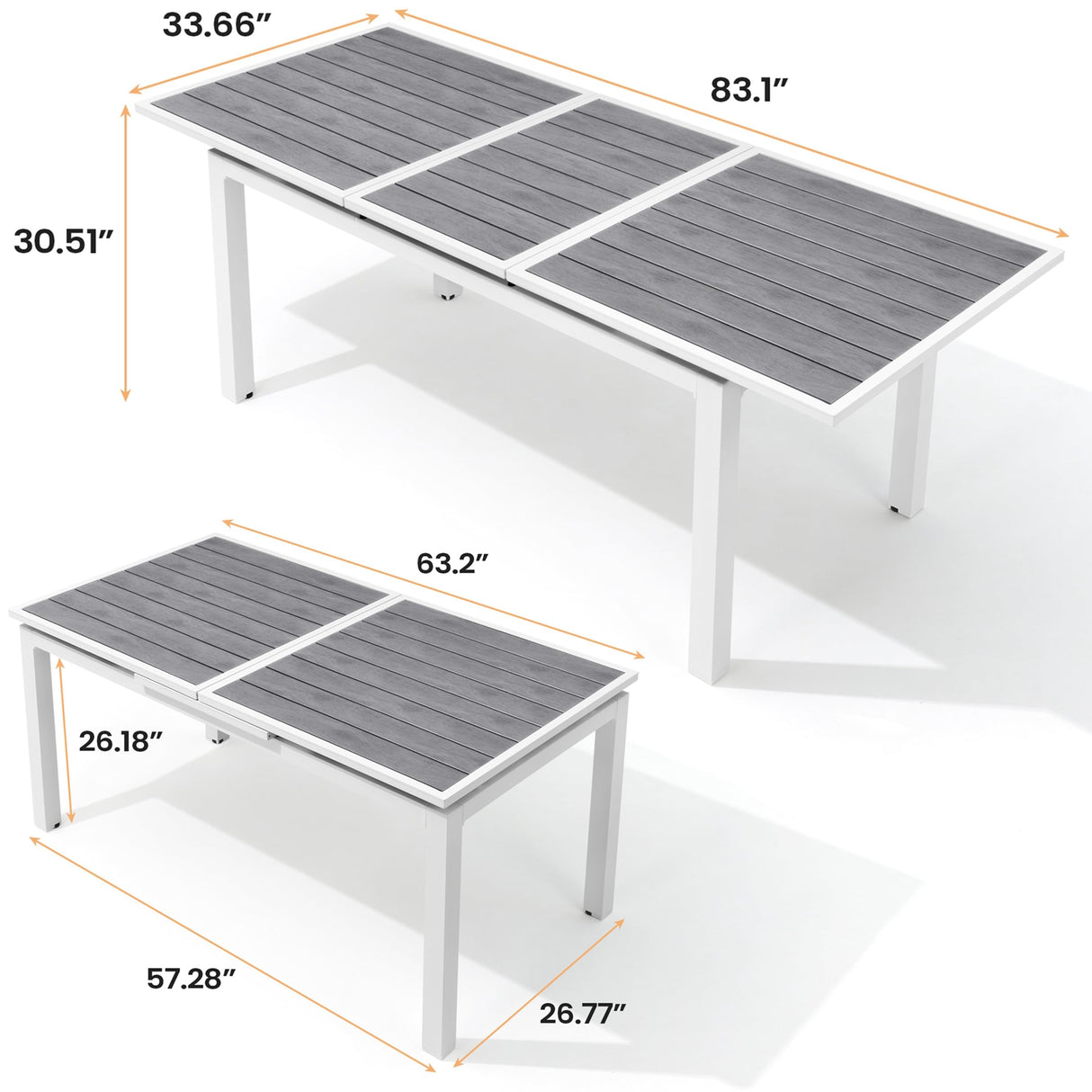 VredHom Outdoor Dining Table, 63"-83" Patio Extendable Dining Table with Grey Wooden-Like Top and White Aluminum Frame, Rectangular Table Outdoor Furniture VredHom