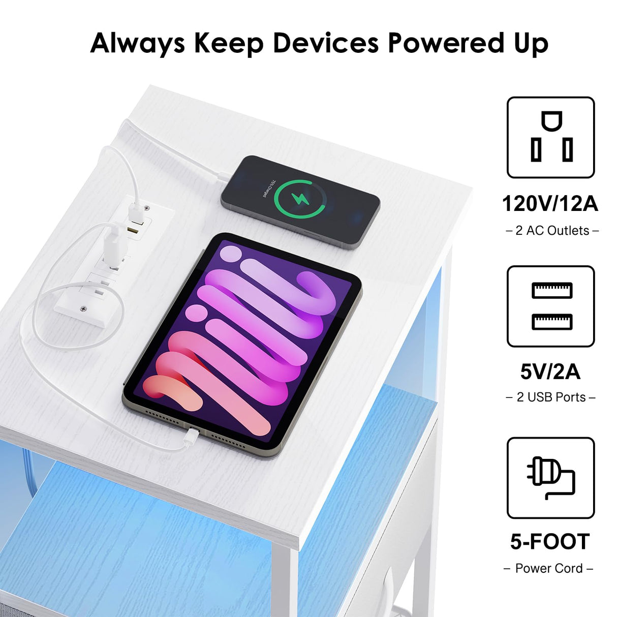 Fixwal Night Stand Set of 2 with Charging Station, LED Nightstand with Fabric Drawers, End Table with PU Finish, Bed Side Table, White Fixwal