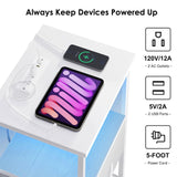 Fixwal Night Stand Set of 2 with Charging Station, LED Nightstand with Fabric Drawers, End Table with PU Finish, Bed Side Table, White Fixwal