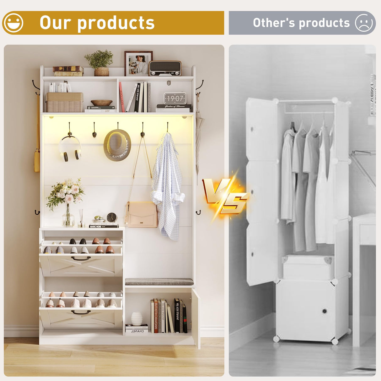 Maupvit Entryway Hall Tree with Bench and Shoe Storage, 5-in-1 Narrow Hall Tree with LED Light, Cushioned Stool & 9 Hooks, 2 Flip Drawers, 78" Coat Shoe Rack for Mudroom, Hallway, Living Room, White Maupvit