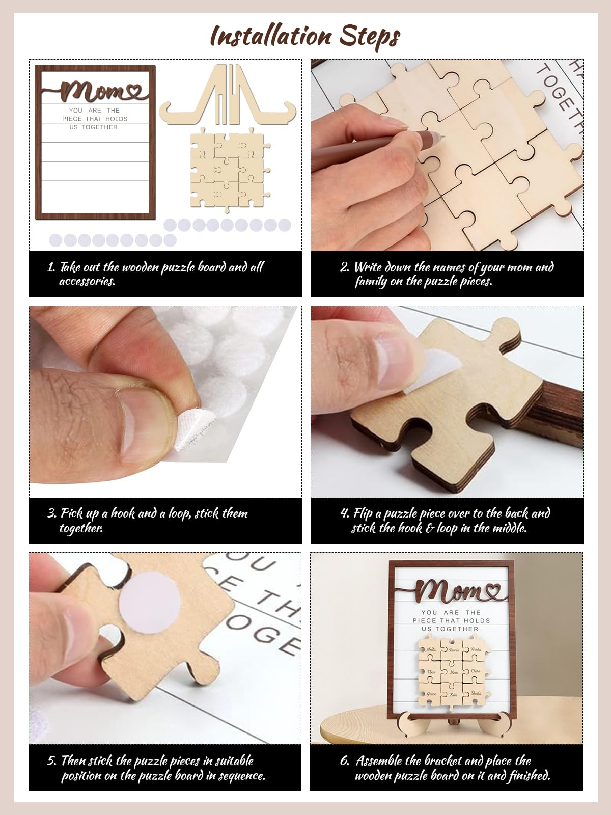 DECEED Mom Puzzle Piece DIY Sign Mother’s Day Puzzle Sign Wooden Table Decor Personalized Mothers Day Puzzle Plaque Gifts, You are The Piece That Holds US Together Customized Puzzle Card - WoodArtSupply