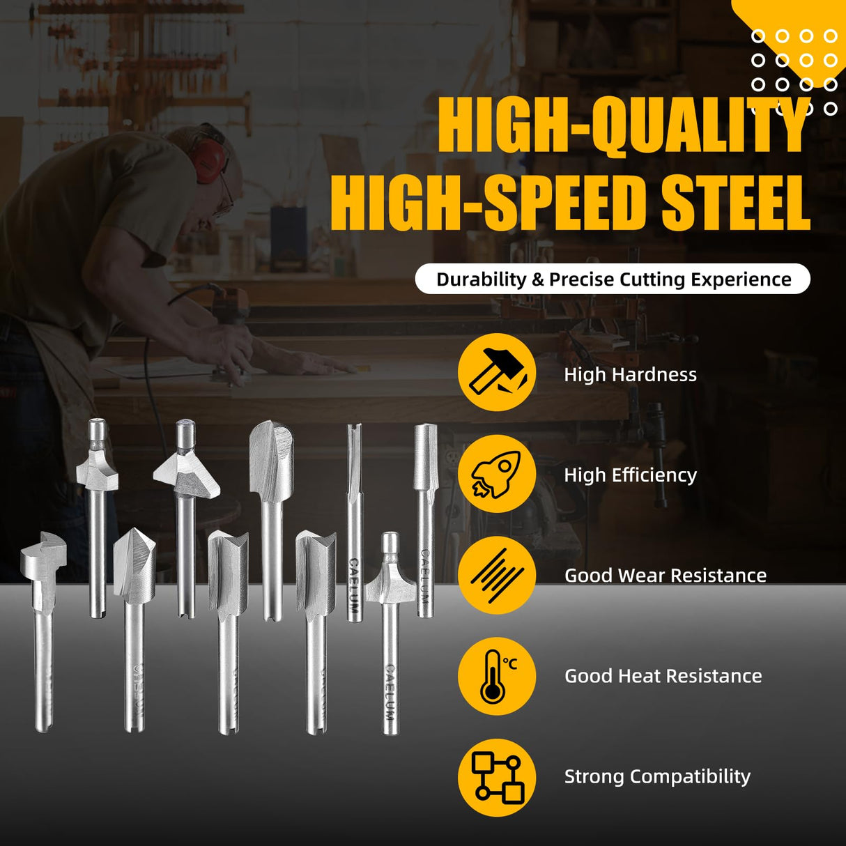 Caelum 10 Pcs HSS Router Carbide Engraving Bits, 1/8"(3mm) Shank, Milling Cutter Bit Set, Rotary Tools Set, for Dremel Tool Accessories, Tools for DIY Woodworking, Edge Grooving, Drilling, Trimming CAELUM