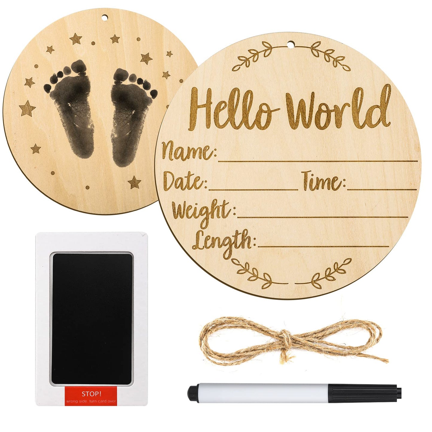 Baby Announcement Sign, 5.9 Inch Round Baby Nursery Name Signs with Ink Pad for Baby Hand and Footprints Wooden Hello World Newborn Sign for Photo