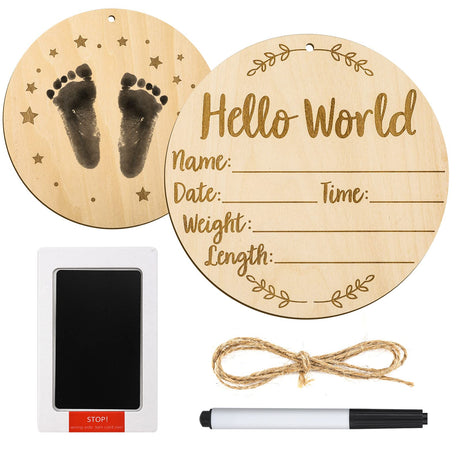 Baby Announcement Sign, 5.9 Inch Round Baby Nursery Name Signs with Ink Pad for Baby Hand and Footprints Wooden Hello World Newborn Sign for Photo LUTER