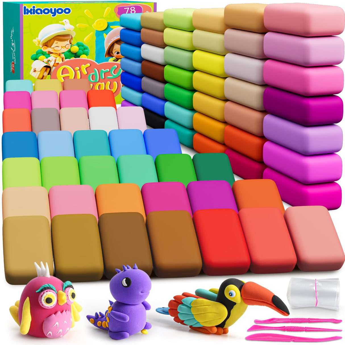 Ixiaoyoo Air Dry Clay - 78 Colors Magic Modeling Clay for Kids, Safe & Non-Toxic, Modelling Toys Kit with Sculpting Tools, School Art & Craft Project, Birthday Christmas Gift for Age 3-12 Boys & Girls Ixiaoyoo