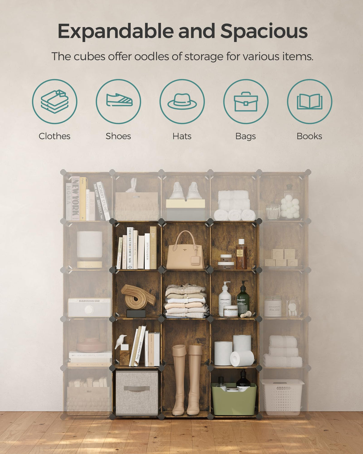 SONGMICS Cube Storage Organizer, Set of 16 Plastic Cubes, Closet Organizers and Storage, Room Organization, Bedroom Living Room, 12.2 x 48.4 x 48.4 Inches, Rustic Brown ULPC442A01 SONGMICS