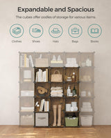 SONGMICS Cube Storage Organizer, Set of 16 Plastic Cubes, Closet Organizers and Storage, Room Organization, Bedroom Living Room, 12.2 x 48.4 x 48.4 Inches, Rustic Brown ULPC442A01 SONGMICS