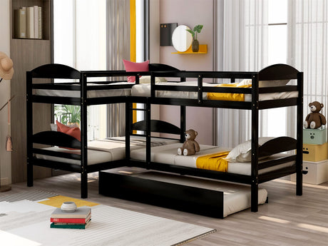 Bellemave Quad Bunk Bed with Trundle L-Shape Bunk Bed Twin Over Twin Corner Bunk Bed for 4 or 5 Kids Boys Girls Teens, Espresso Bellemave