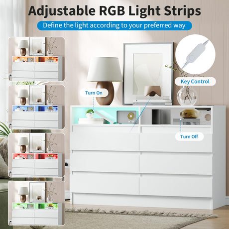MilleLoom 6 Drawer Dresser with Charging Station and LED Lights, Modern Chest of Drawers with Power Outlet, Organizer Cabinet for Bedroom, Living Room, Entryway, White MilleLoom