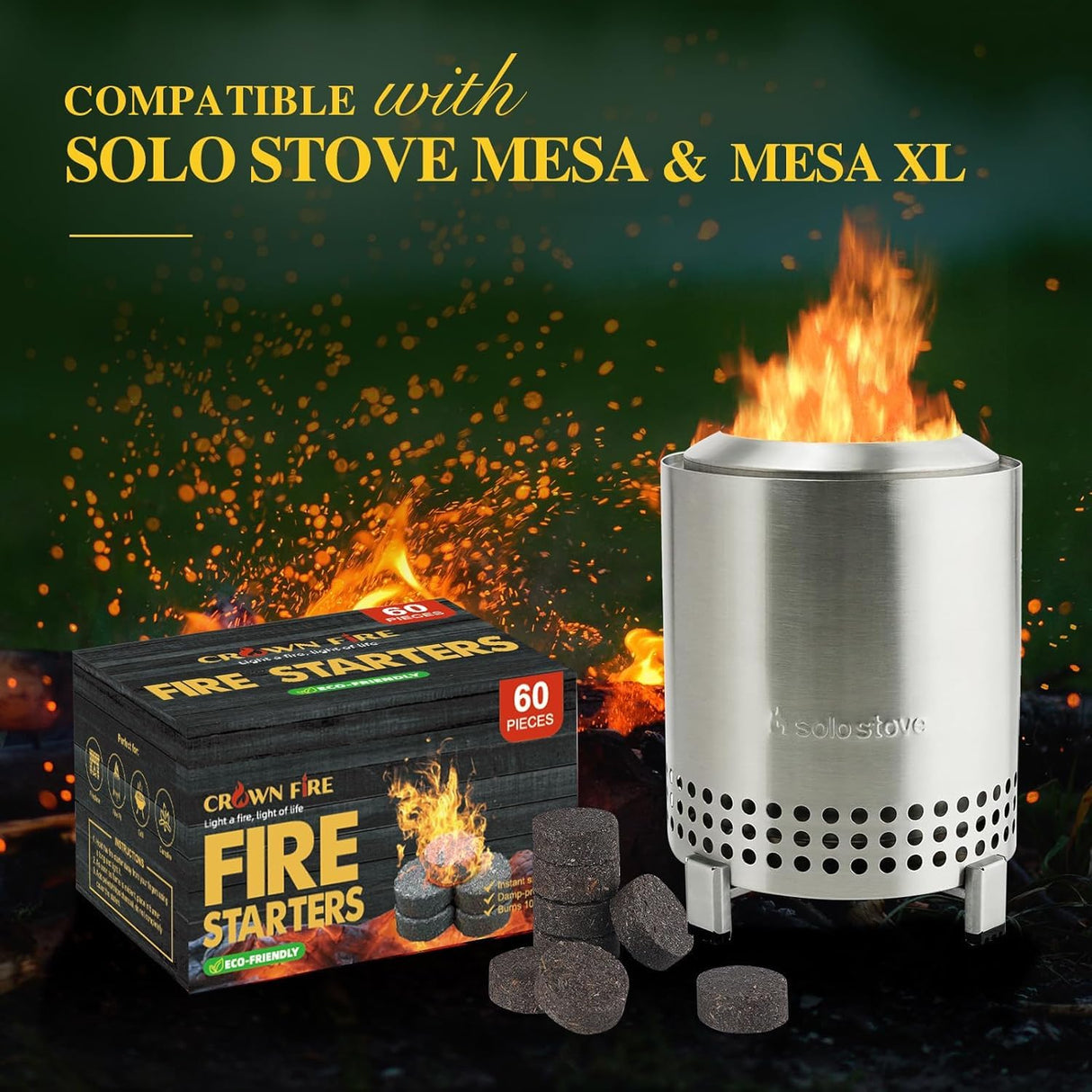 Fire Starters for Solo Stove Mesa, 60 Count Fire Starter, Fireplace Starter Great Accessories Tool for Grilling Camping Cooking Campfires and BBQ Light Fire Wood Charcoal and Sticks CROWN FIRE