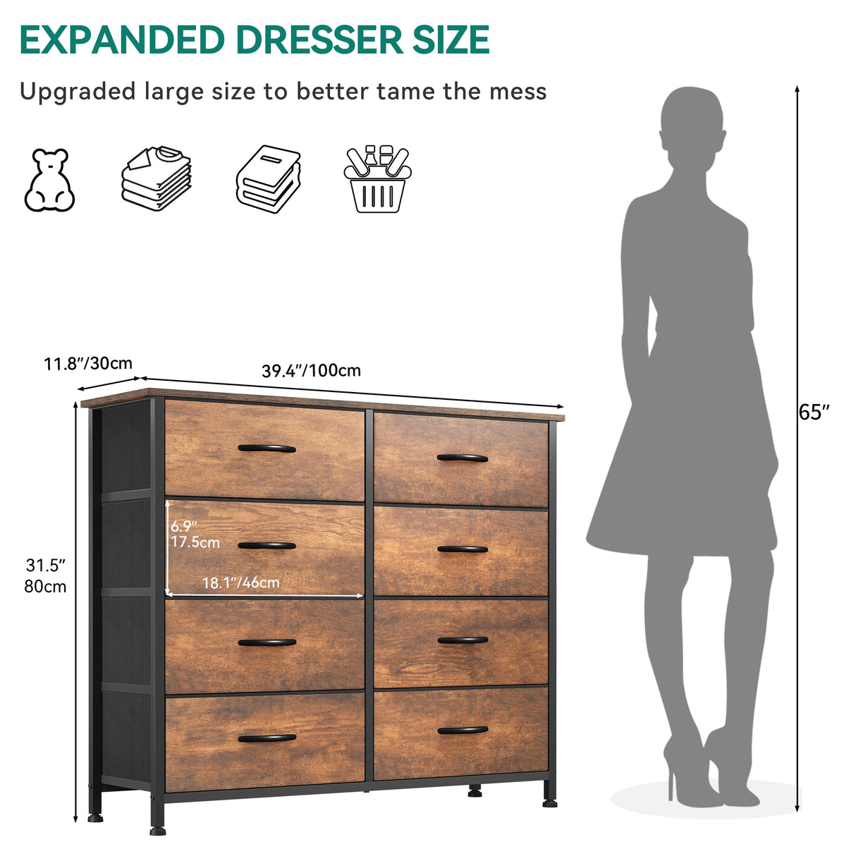 YITAHOME 8 Drawers Fabric Dresser, Furniture Storage Tower Cabinet, Organizer for Bedroom, Living Room, Hallway, Closet, Sturdy Steel Frame, Wooden Top, Easy-to-Pull Fabric Bins YITAHOME