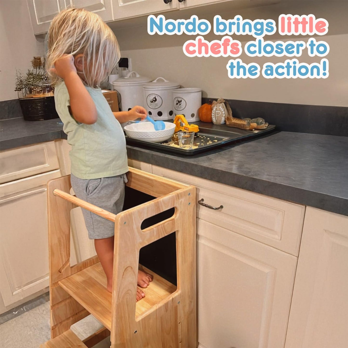 Toddler Kitchen Stools Helper with Adjustable Height and Anti-Slip Protection, Kids Standing Tower with Safety Rail, Kids Montessori Step Stool with Learning Chalkboard, Natural