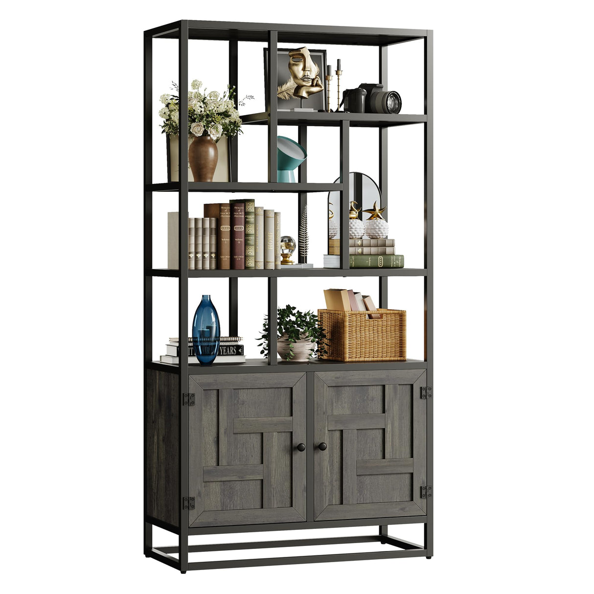 IRONCK Bookshelves and Bookcases, 71inch 6 Tiers Tall Bookcase with Storage Cabinet, 35.4in Wide Book Shelf with Doors and Adjustable Shelves, Industrial Bookshelf for Home Office, Living Room IRONCK