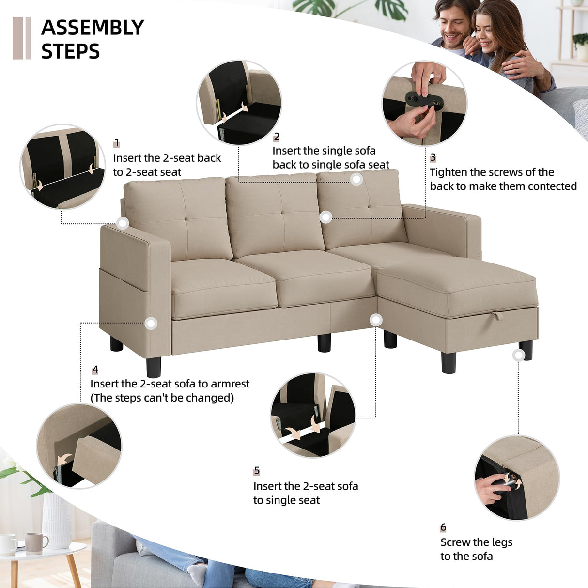 Shintenchi Convertible Sectional Sofa Couch, Modern Linen Fabric L-Shaped Couch 3-Seat Sofa Sectional with Reversible Chaise for Small Living Room, Apartment and Small Space (Light Brown) Shintenchi