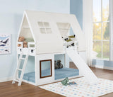Spirich Kids Bunk Bed with Slide and Ladder, House Bed for Kids with Bed Tent, Playhouse Style Wooden Twin Loft Bed Frames with Roof, Windows, White Spirich