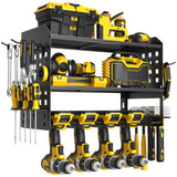 Spacecare Power Tool Organizer, Drill Holder Wall Mount with 2 Side Pegboards with Hooks, 3 Layer Garage Organization Floating Cordless Heavy Duty Tool Organizers Utility Rack for 4Drill Holders Black SPACECARE