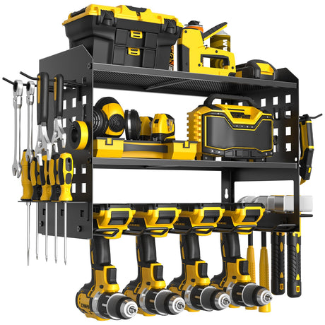 Spacecare Power Tool Organizer, Drill Holder Wall Mount with 2 Side Pegboards with Hooks, 3 Layer Garage Organization Floating Cordless Heavy Duty Tool Organizers Utility Rack for 4Drill Holders Black SPACECARE