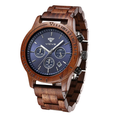 VICVS Men's Wooden Watch, 100% Natural Wood Watch, Japanese Quartz Movement with Date Display Chronograph Function, (Sandalwood)