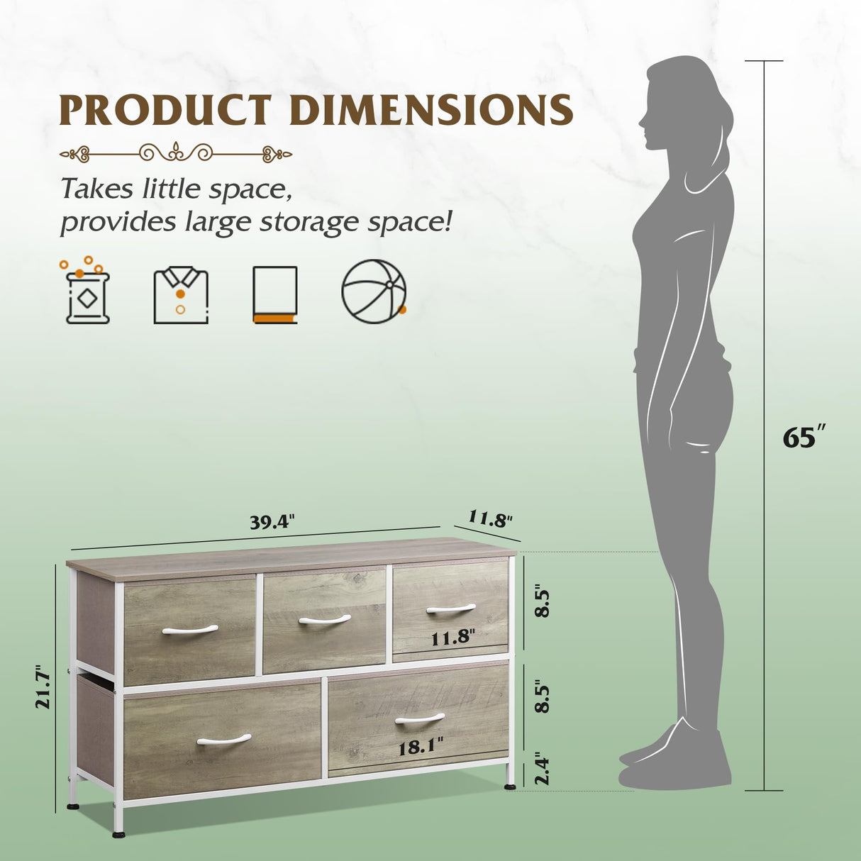 WLIVE Dresser for Bedroom with 5 Drawers, Wide Chest of Drawers, Fabric Dresser, Storage Organizer Unit with Fabric Bins for Closet, Living Room, Hallway, Greige Oak WLIVE