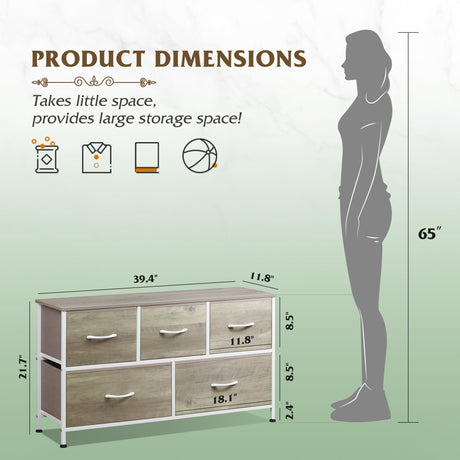 WLIVE Dresser for Bedroom with 5 Drawers, Wide Chest of Drawers, Fabric Dresser, Storage Organizer Unit with Fabric Bins for Closet, Living Room, Hallway, Greige Oak WLIVE