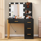 FIONESO Makeup Vanity Desk with Mirror & Lights, Vanity Desk with 4 Drawers & Charging Station, Dressing Vanity Table with Open Storage Shelves, 3 Color Modes, Vanity Table for Bedroom, Black FIONESO