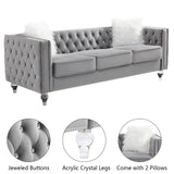 mikibama Velvet 3 Seater Sofa Couch with Buttons and Square Arms 83.07 Inch Tufted 3-seat Sofas with Trimmed Nailhead and Acrylic Legs Modern Couches for Living Room,Bedroom(Grey-Crystal Legs, Sofa) mikibama