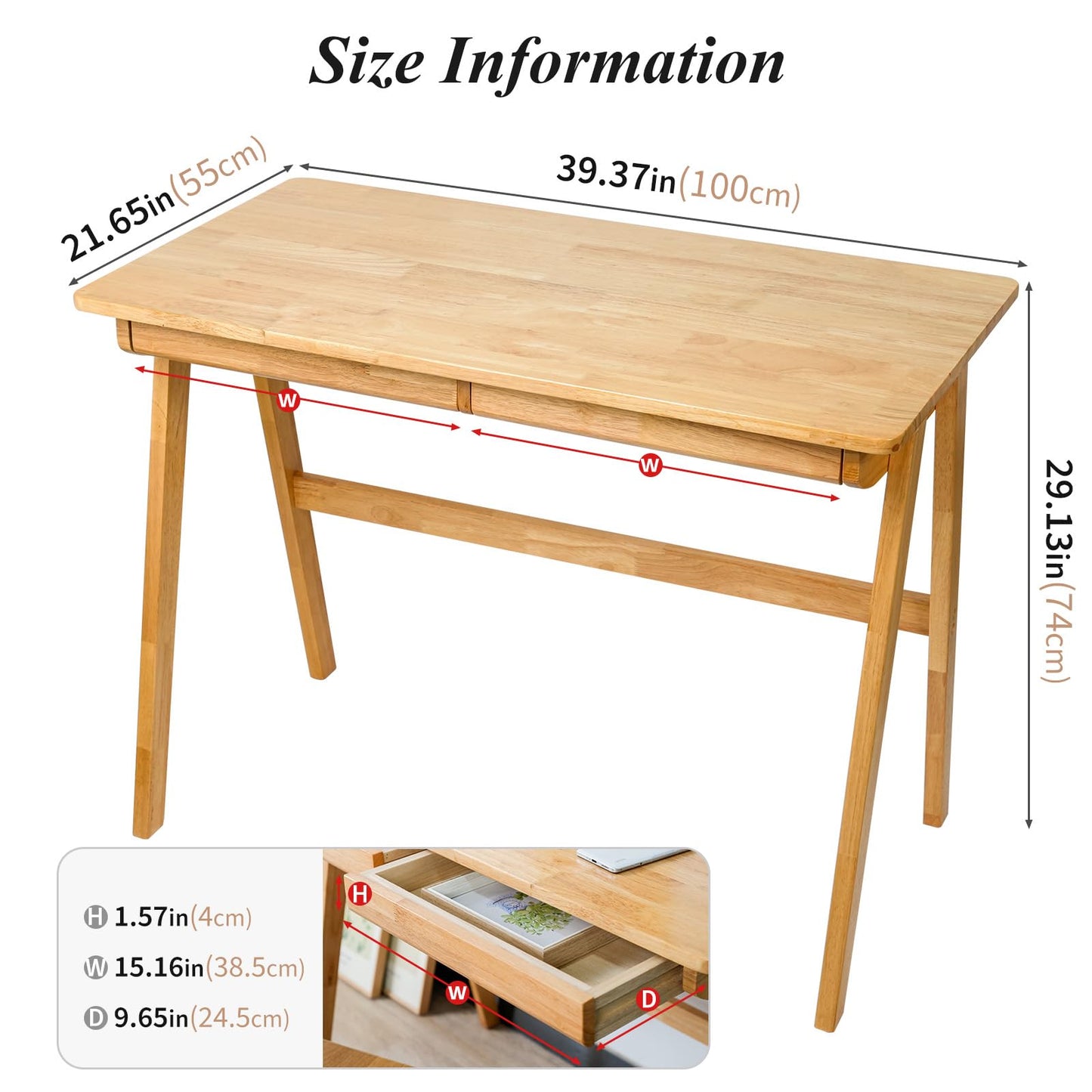 Cttasty Computer Desk with Drawers, Solid Wood Writing Desk, Mid Century Modern Home Office Desks, Oak Study Table, Small Desk for Bedroom, 29.1 H x 39.4 W x 21.7 D Inches, Natural - WoodArtSupply