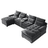 OUYESSIR 134" U Shaped Sectional Cloud Couch,Tufted Couch with Chaise Lounge,Fluffy Grey Sectional Couches for Living Room,Comfy Chenille Modular Sofa with Central Console & USB Port OUYESSIR
