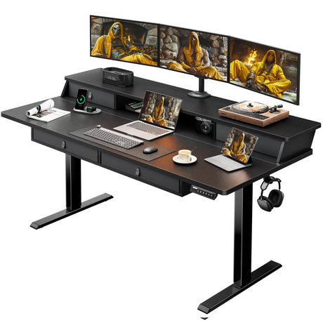 ErGear Standing Desk with Drawers, 63 x 30 Inches Height Adjustable Desk with Storage, Electric Sit Stand Desk, 4 Memory Preset Computer Home Office Desk with Cable Management Tray, Black ErGear