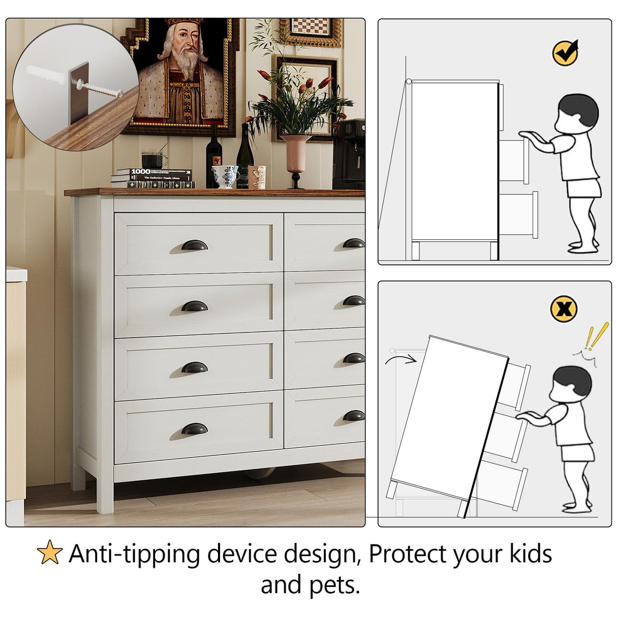 SINROM White Dresser for Bedroom, Farmhouse 8 Drawer Dresser, Wide Chest of Drawers with Metal Handles, Modern Wood Double Chest for Bedroom, Living Room, Hallway SINROM