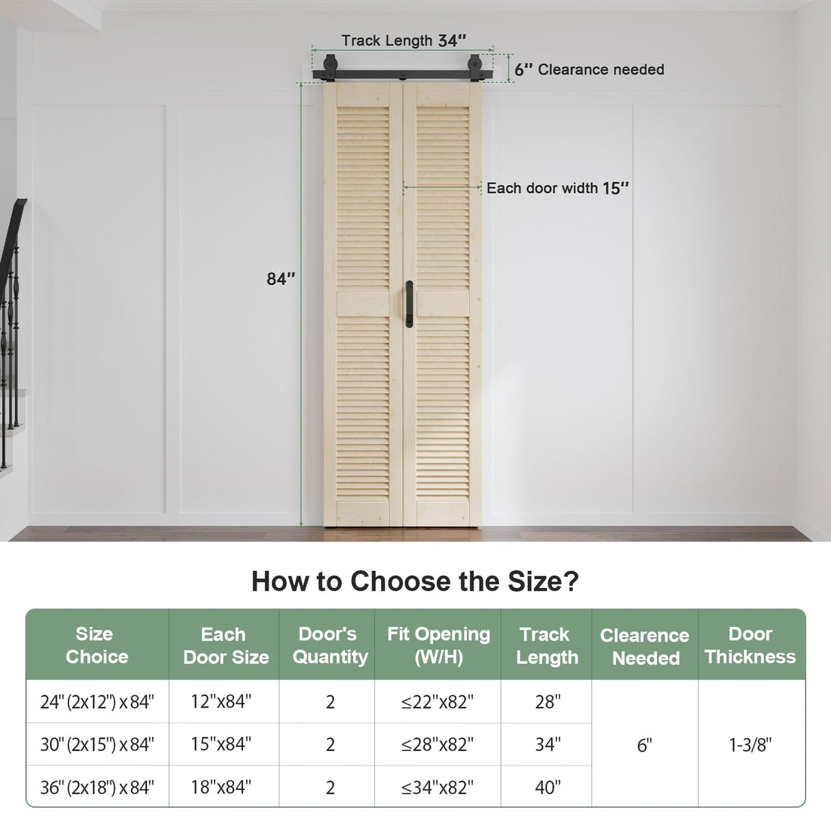 ROYMELO Preassembled Bifold Barn Door 30 x 84 Inch (Double 15 x 84 Inch), Louver Sliding Closet Wood Bi-Folding Barn Doors with 34 Inch Top Mount Hardware Track Kit, Save Space ROYMELO
