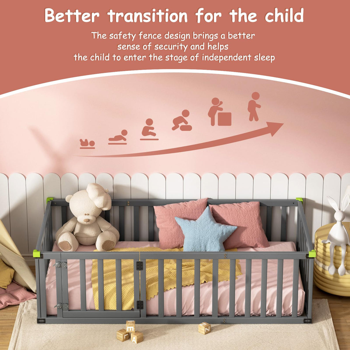 ROOMTEC Twin Size Montessori Floor Bed - Solid Wood Toddler Bed Frame with Convertible Door and Safety Fence in Grey ROOMTEC