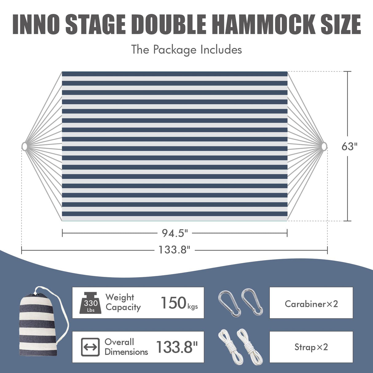 INNO STAGE Double Hammock - 2 Persons Portable Hanging Camping Bed, Blue, 118.3"L x 63"W, 350Lbs Capacity, Polyester, Supports Up to 350 lbs INNO STAGE