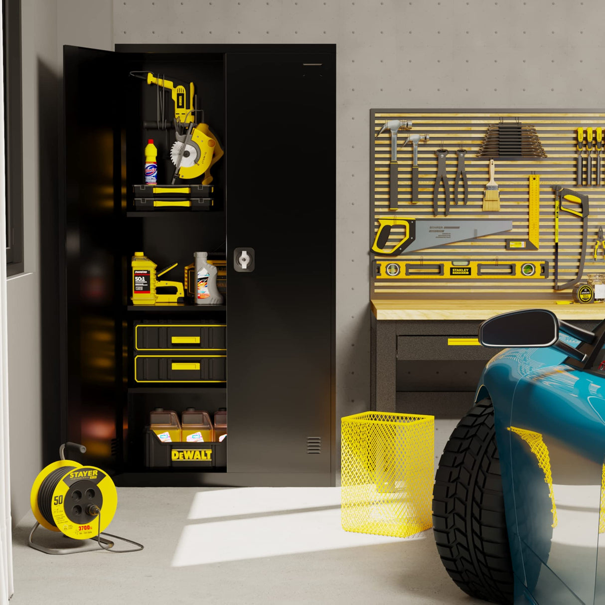 EazeHome Metal Garage Storage Cabinet, 72" Tall Steel File Cabinet with 2 Lockable Doors and Adjustable Shelves, Heavy Duty Tool Cabinet for Garages, Offices, Kitchens, Gyms, Black EazeHome