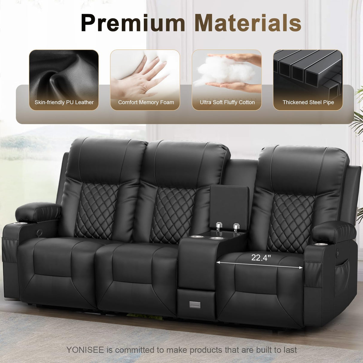 YONISEE 3 Seat Recliner Sofa, Large Reclining Sofa with Storage Console, Manual Reclining Chair with USB Ports, 2 Cell Phone Holder, 3 Seater Loveseat Recliner Couch for Living Room YONISEE