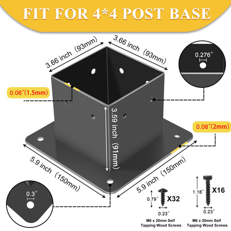 4x4 Post Base, 4Pcs Post Brackets (Inner Size 3.5"x3.5") Heavy Duty Steel Fence Post Anchor for Wood Deck Porch Railing Pergola Mailbox Support Black Powder-Coated FNXAOR