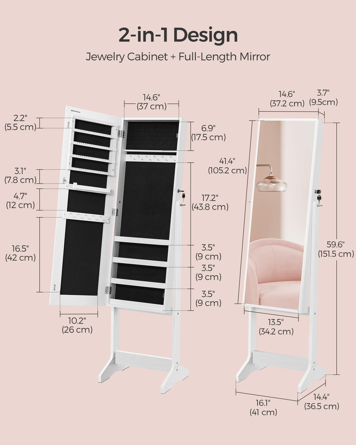 SONGMICS Mirror Jewelry Cabinet Armoire, Standing Full-Length Mirror, Lockable Jewelry Organizer, Gift Idea, White Surface and Black Lining UJJC69WT SONGMICS